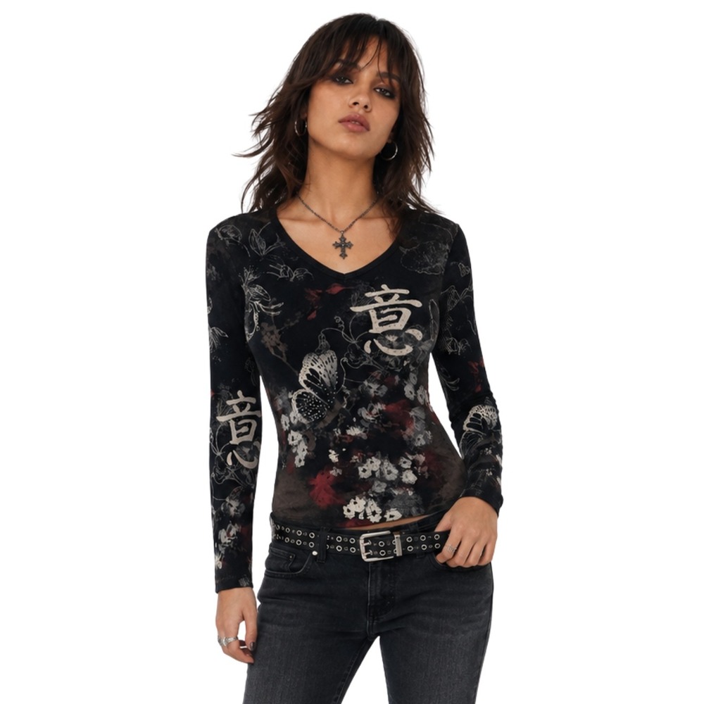 Vintage Y2K Grunge Butterfly Asian Graphic Top Lapis V-Neck Womens Large Black